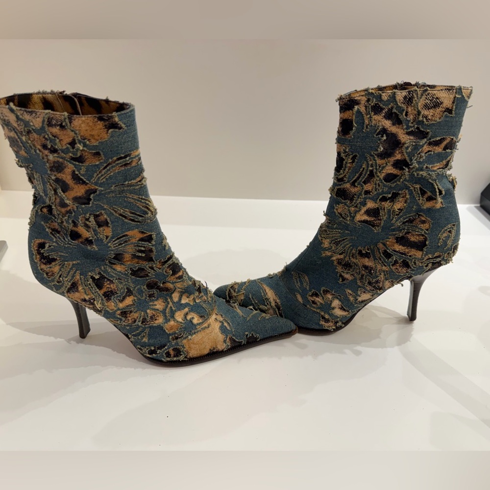 Denim Floral Embroidered Roberto Cavalli Ankle Boots - Picture 4 of 9